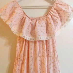 Vintage 70s Peggy Barker Pink floral Gold Leaf Lace Off Shoulder Dress